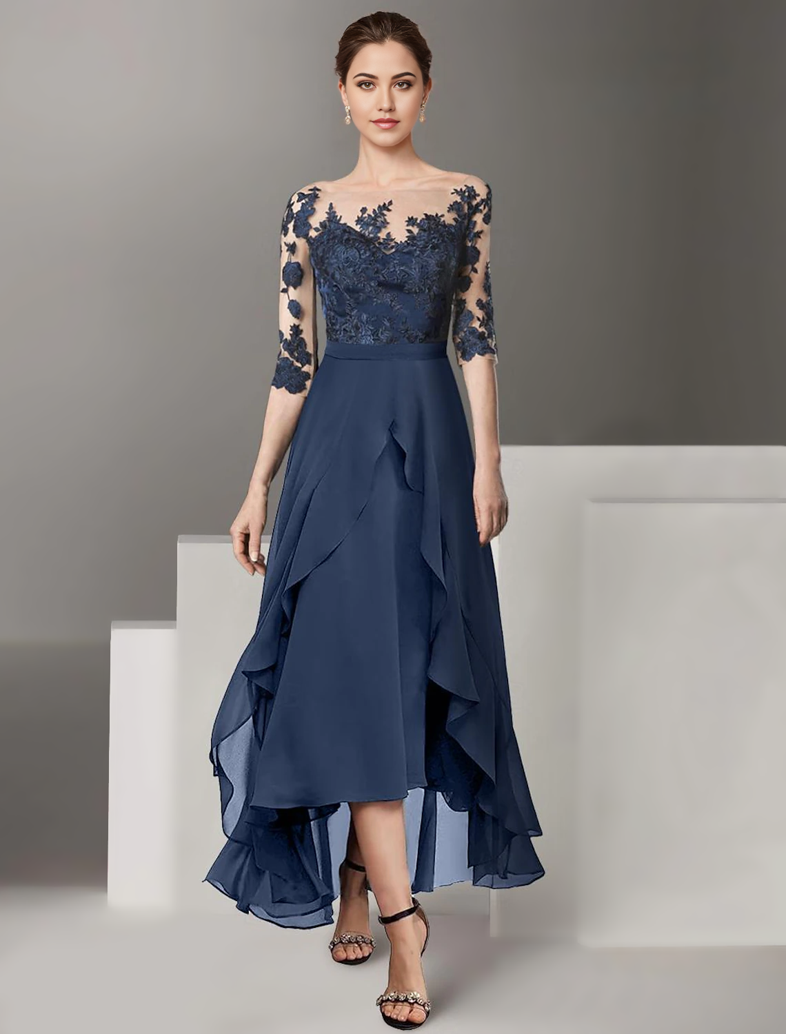 Vestido de madre de la novia de corte A, formal, para invitada de boda, elegante, alto bajo, hombros descubiertos, largo hasta los tobillos, de gasa, encaje, media manga con pliegues y apliques, talla personalizada gratis